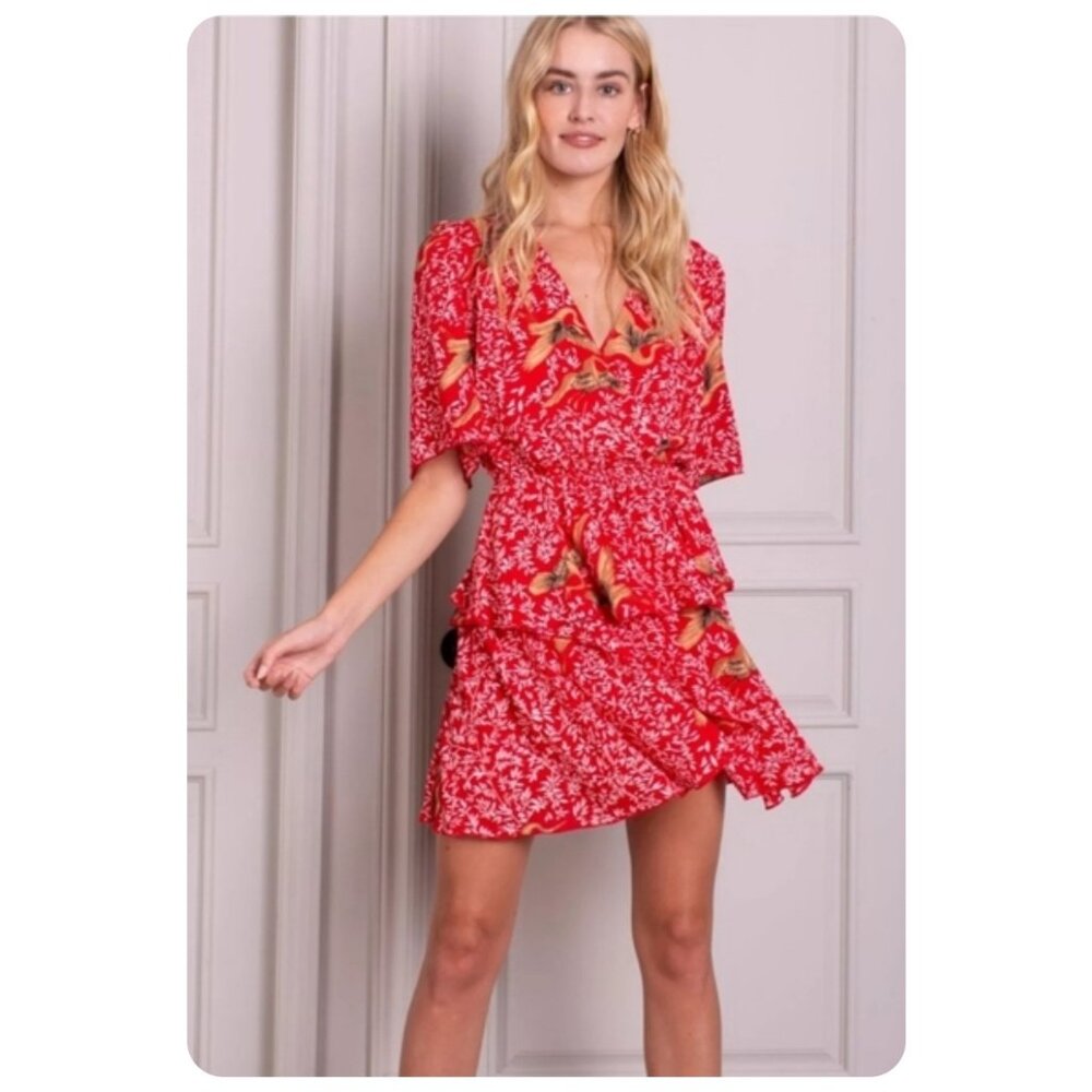 !! Senlis Ref Bird Crane Tiered V-Neck Dress